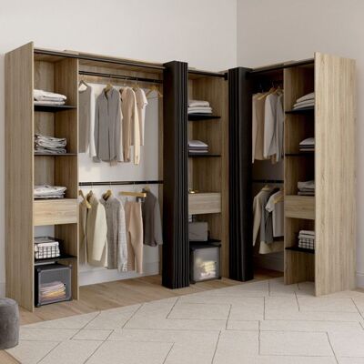 IDMARKET Dressing extensible dangle MARLON 230 x 140 x 180 cm hêtre avec penderies + étagères + rideaux noirs Marron - Publicité IDMARKET Dressing extensible dangle MARLON 230 x 140 x 180 cm hêtre avec penderies + étagères + rideaux noirs Marron - Publicité