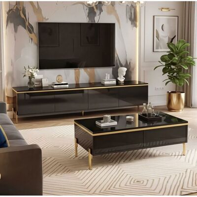 Ensemble Meuble TV et Table Basse - 170/100cm - Design Luxe - Rangement Spacieux - Haute Brillance - Noir et Or Noir - Publicité Ensemble Meuble TV et Table Basse - 170/100cm - Design Luxe - Rangement Spacieux - Haute Brillance - Noir et Or Noir - Publicité