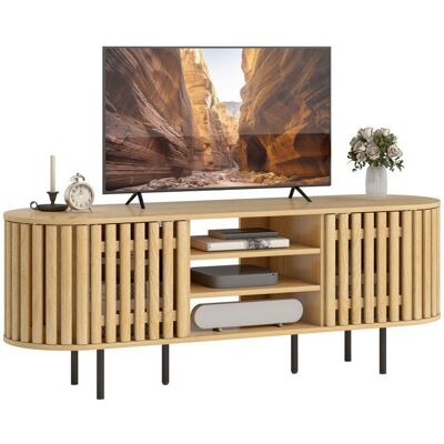Meuble TV - HOMCOM - pour téléviseur jusquà 60 pouces - 2 portes et 3 niches - panneau de particules - 140x40x52cm - bois naturel Beige - Publicité Meuble TV - HOMCOM - pour téléviseur jusquà 60 pouces - 2 portes et 3 niches - panneau de particules - 140x40x52cm - bois naturel Beige - Publicité