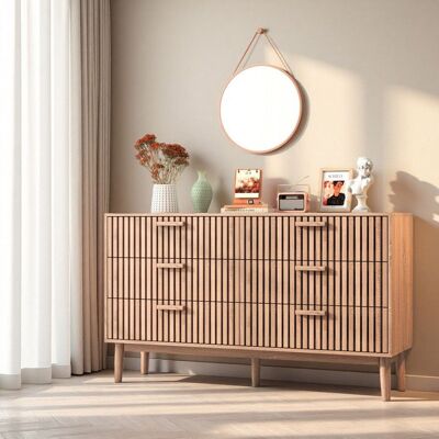 Commode bois 6 tiroirs naturel 100x34x73cm design scandinave mid-century panneaux lamellés – Meuble rangement salon chambre Jaune - Publicité Commode bois 6 tiroirs naturel 100x34x73cm design scandinave mid-century panneaux lamellés – Meuble rangement salon chambre Jaune - Publicité