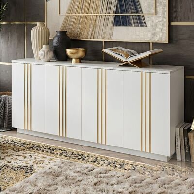 Buffet Bas 140cm 4 Portes à Ouverture Poussoir Décoration Lignes Dorées & Top Effet Marbre Meuble dEntrée Salon Chic Blanc - Publicité Buffet Bas 140cm 4 Portes à Ouverture Poussoir Décoration Lignes Dorées & Top Effet Marbre Meuble dEntrée Salon Chic Blanc - Publicité