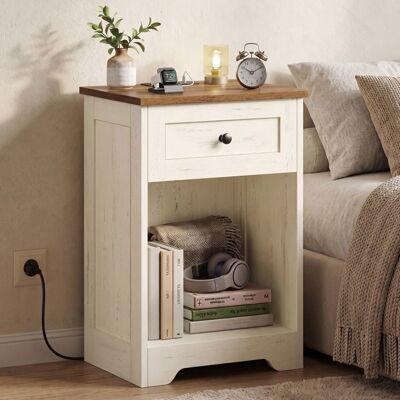 VASAGLE Table de Chevet avec Prises et Ports USB 1 Tiroir Style Ferme 40 x 30 x 59 cm Blanc et Marron Blanc - Publicité VASAGLE Table de Chevet avec Prises et Ports USB 1 Tiroir Style Ferme 40 x 30 x 59 cm Blanc et Marron Blanc - Publicité