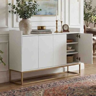 Buffet 120 cm - Blanc & Or - 4 Portes Push-to-Open - Plateau à Rebords - Meuble de Rangement Moderne Salon Blanc - Publicité Buffet 120 cm - Blanc & Or - 4 Portes Push-to-Open - Plateau à Rebords - Meuble de Rangement Moderne Salon Blanc - Publicité