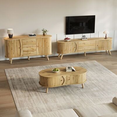 LEMONBEST Ensemble salon 3 pièces table basse buffet meuble TV forme ovale portes coulissantes aspect bois pieds en bois Beige - Publicité LEMONBEST Ensemble salon 3 pièces table basse buffet meuble TV forme ovale portes coulissantes aspect bois pieds en bois Beige - Publicité