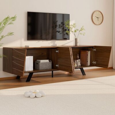 LEMONBEST Meuble TV moderne à façade ondulée look noyer pieds en fer noirs grand rangement gestion des câbles étagère 160x39x50.5 cm Marron - Publicité LEMONBEST Meuble TV moderne à façade ondulée look noyer pieds en fer noirs grand rangement gestion des câbles étagère 160x39x50.5 cm Marron - Publicité