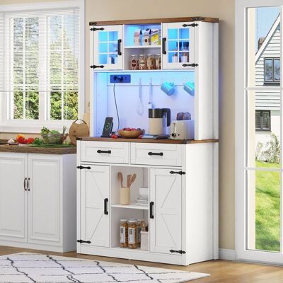 MERAX Meuble de Rangement Haut Buffet Armoire de Cuisine Vaisselier avec Éclairage LED et Prises Étagères Ajustables Bar à Café Blanc Blanc - Publicité MERAX Meuble de Rangement Haut Buffet Armoire de Cuisine Vaisselier avec Éclairage LED et Prises Étagères Ajustables Bar à Café Blanc Blanc - Publicité