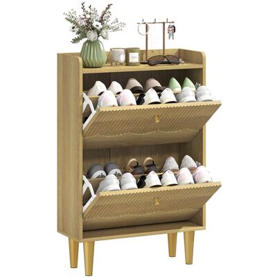 Meuble à chaussures - HOMCOM - 12 paires - 2 tiroirs basculants - étagères ajustables - panneaux de particules - 60x24x92cm - chêne Beige - Publicité Meuble à chaussures - HOMCOM - 12 paires - 2 tiroirs basculants - étagères ajustables - panneaux de particules - 60x24x92cm - chêne Beige - Publicité