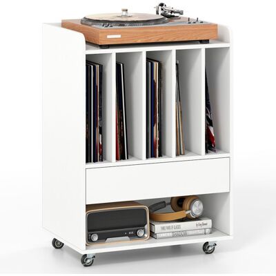 COSTWAY Meuble Platine Vinyle à Roulette avec Tiroirs 6 Compartiments pour 150 Albums Étagère pour Salon Chambre Bureau Blanc - Publicité COSTWAY Meuble Platine Vinyle à Roulette avec Tiroirs 6 Compartiments pour 150 Albums Étagère pour Salon Chambre Bureau Blanc - Publicité