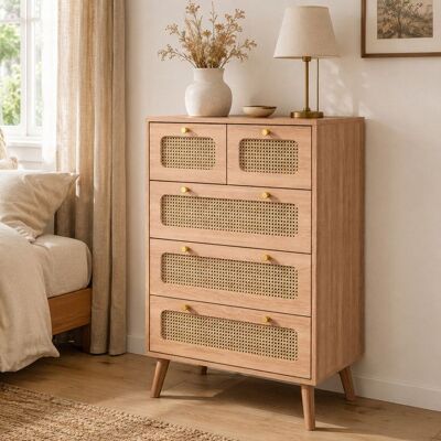 Commode 5 Tiroirs Rotin CannageUTTQEWMeuble de Rangement Chambre Bois Clair 60x34x91 cmChiffonnier avec PiedsAnti-Basculement - Publicité Commode 5 Tiroirs Rotin CannageUTTQEWMeuble de Rangement Chambre Bois Clair 60x34x91 cmChiffonnier avec PiedsAnti-Basculement - Publicité