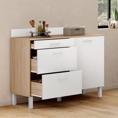 IDMARKET Buffet bas de cuisine 120 cm casserolier CINA plan de travail H.83 cm 1 porte + 3 tiroirs façon hêtre et blanc Marron - Publicité IDMARKET Buffet bas de cuisine 120 cm casserolier CINA plan de travail H.83 cm 1 porte + 3 tiroirs façon hêtre et blanc Marron - Publicité