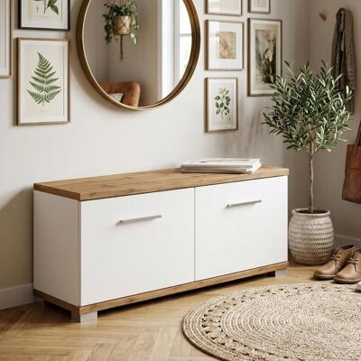 Idimex Banc rangement à chaussures VIELLA banc dentrée 2 portes en mélaminé couleur chêne wotan et blanc Marron - Publicité Idimex Banc rangement à chaussures VIELLA banc dentrée 2 portes en mélaminé couleur chêne wotan et blanc Marron - Publicité