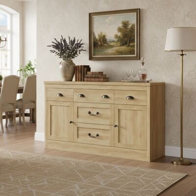 Buffet 135cm - AMBIANCE - Bois Naturel - 5 Tiroirs & 2 Portes - Meuble de Rangement Cuisine Vintage & Moderne - Plateau Large - Publicité Buffet 135cm - AMBIANCE - Bois Naturel - 5 Tiroirs & 2 Portes - Meuble de Rangement Cuisine Vintage & Moderne - Plateau Large - Publicité