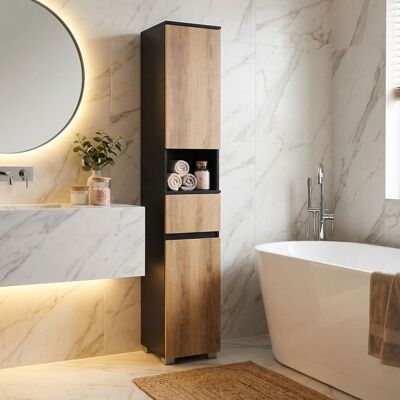 VASAGLE Colonne de salle de bain Meuble Haut avec Compartiments Tiroir et Étagères Réglables Noir et Marron Noir - Publicité VASAGLE Colonne de salle de bain Meuble Haut avec Compartiments Tiroir et Étagères Réglables Noir et Marron Noir - Publicité