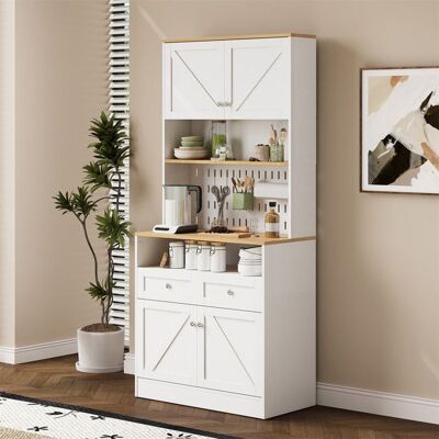 Buffet cuisine haut vaisselier 80 cm avec panneau perforé plan de travail et rangement portes et tiroirs bois blanc campagne Blanc - Publicité Buffet cuisine haut vaisselier 80 cm avec panneau perforé plan de travail et rangement portes et tiroirs bois blanc campagne Blanc - Publicité