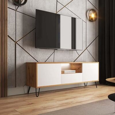 Meuble TV - SELSEY - Ploystea - 137 cm - Chêne Wotan/Blanc - Style Moderne Blanc - Publicité Meuble TV - SELSEY - Ploystea - 137 cm - Chêne Wotan/Blanc - Style Moderne Blanc - Publicité