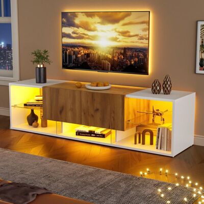 Meuble TV moderne - 160x40x42 cm - Bois naturel chêne + blanc antique - 3 niveaux - 2 tiroirs - Étagères en verre Blanc - Publicité Meuble TV moderne - 160x40x42 cm - Bois naturel chêne + blanc antique - 3 niveaux - 2 tiroirs - Étagères en verre Blanc - Publicité