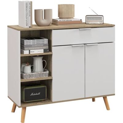 HOMCOM Buffet design scandinave - 2 portes étagère tiroir 3 niches - piètement bois pin panneaux blanc aspect chêne clair - Publicité HOMCOM Buffet design scandinave - 2 portes étagère tiroir 3 niches - piètement bois pin panneaux blanc aspect chêne clair - Publicité
