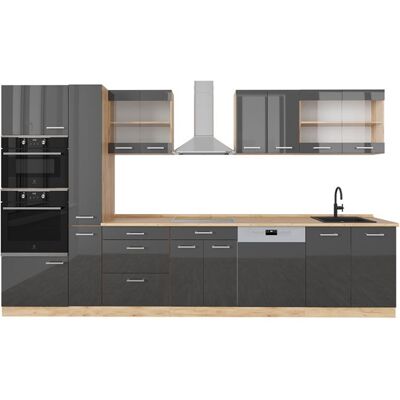 Cuisine R-Line 350cm avec armoire haute sans PT Anthracite Haute brillance/Chêne de force doré Vicco 37662 Noir - Publicité Cuisine R-Line 350cm avec armoire haute sans PT Anthracite Haute brillance/Chêne de force doré Vicco 37662 Noir - Publicité