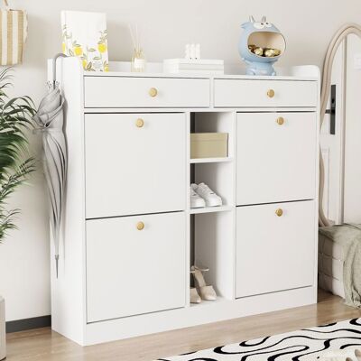 LEMONBEST meuble à chaussures en bois avec 4 portes 2 tiroirs et 3 compartiments ouverts 110 x 26 x 100 cm Convient entrées et couloirs blanc Blanc - Publicité LEMONBEST meuble à chaussures en bois avec 4 portes 2 tiroirs et 3 compartiments ouverts 110 x 26 x 100 cm Convient entrées et couloirs blanc Blanc - Publicité