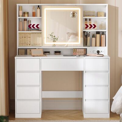 VASAGLE Coiffeuse avec Miroir LED Multiprise 9 Tiroirs Loupe 10x Éclairage 3 Couleurs Installation des Rails sans Outils Blanc Blanc - Publicité VASAGLE Coiffeuse avec Miroir LED Multiprise 9 Tiroirs Loupe 10x Éclairage 3 Couleurs Installation des Rails sans Outils Blanc Blanc - Publicité
