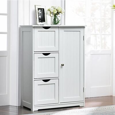 COSTWAY Meuble de Salle de Bain en Bois avec 3 Tiroirs et 1 Placard Meuble de Rangement pour Salon Chambre 60 x 30 x 81 cm Blanc Blanc - Publicité COSTWAY Meuble de Salle de Bain en Bois avec 3 Tiroirs et 1 Placard Meuble de Rangement pour Salon Chambre 60 x 30 x 81 cm Blanc Blanc - Publicité