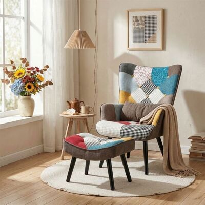 Fauteuil - HOMEMIYN - Patchwork Scandinave - Tissu en Lin - Multicolore - Pieds en Bois Massif Blanc - Publicité Fauteuil - HOMEMIYN - Patchwork Scandinave - Tissu en Lin - Multicolore - Pieds en Bois Massif Blanc - Publicité