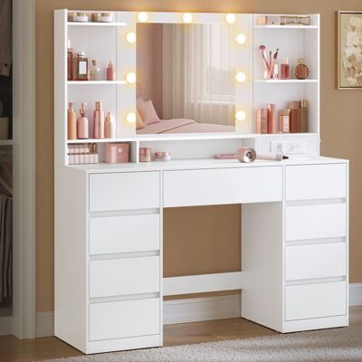 VASAGLE Coiffeuse avec Miroir LED Multiprise 9 Tiroirs 9 Ampoules Rangement Bijoux Installation des Rails sans Outils Blanc Blanc - Publicité VASAGLE Coiffeuse avec Miroir LED Multiprise 9 Tiroirs 9 Ampoules Rangement Bijoux Installation des Rails sans Outils Blanc Blanc - Publicité