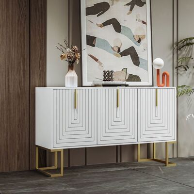 Blueline Buffet moderne avec étagères réglables - 3 portes à motif de U - poignées et base en métal - Blanc Blanc - Publicité Blueline Buffet moderne avec étagères réglables - 3 portes à motif de U - poignées et base en métal - Blanc Blanc - Publicité
