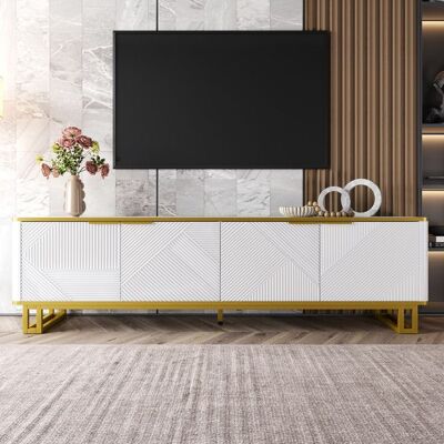 OEM Meuble TV Blanc de Luxe 4 Portes à Texture Géométrique 3D Gestion des Câbles Bordure Dorée 160x37.5x48cm Blanc - Publicité OEM Meuble TV Blanc de Luxe 4 Portes à Texture Géométrique 3D Gestion des Câbles Bordure Dorée 160x37.5x48cm Blanc - Publicité