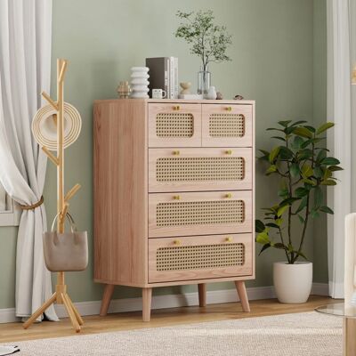 Commode - 5 Tiroirs - Bois Naturel - Finition en Rotin - Style Vintage Jaune - Publicité Commode - 5 Tiroirs - Bois Naturel - Finition en Rotin - Style Vintage Jaune - Publicité