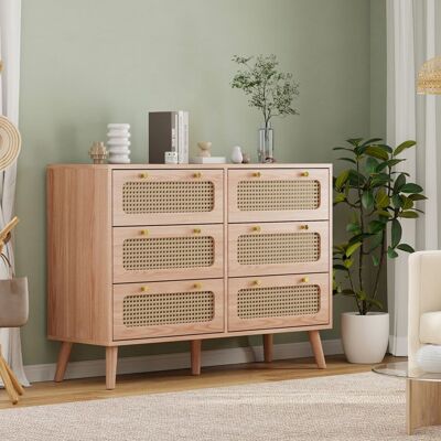 Commode - 6 Tiroirs - Bois Naturel - Finition en Rotin - Style Vintage Jaune - Publicité Commode - 6 Tiroirs - Bois Naturel - Finition en Rotin - Style Vintage Jaune - Publicité