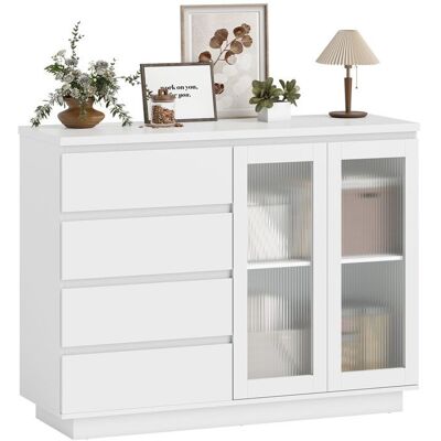 Buffet - HOMCOM - 4 tiroirs et 2 portes en verre trempé étagère réglable - panneau de particules et MDF - 120 x 40 x 91 cm - blanc Blanc - Publicité Buffet - HOMCOM - 4 tiroirs et 2 portes en verre trempé étagère réglable - panneau de particules et MDF - 120 x 40 x 91 cm - blanc Blanc - Publicité