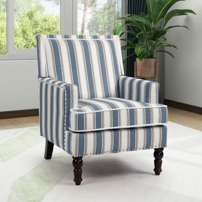 Fauteuil EVRYAE - tissu rayé bleu et blanc mousse haute densité et structure en bois massif - Bleu et blanc Bleu - Publicité Fauteuil EVRYAE - tissu rayé bleu et blanc mousse haute densité et structure en bois massif - Bleu et blanc Bleu - Publicité