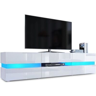Meuble TV VLADON Flow - Blanc mat - Blanc haute brillance - Eclairage LED Blanc - Publicité Meuble TV VLADON Flow - Blanc mat - Blanc haute brillance - Eclairage LED Blanc - Publicité