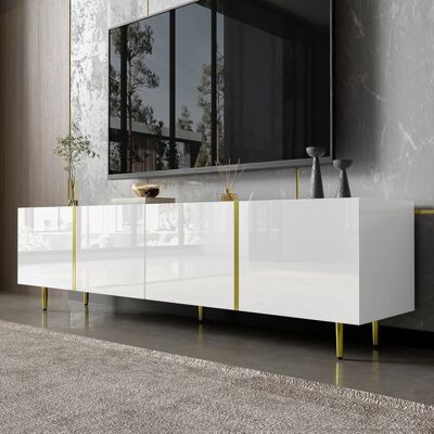 VEPSSDER Meuble TV quatre portes laqué brillant style minimaliste moderne meuble bas pour salon 170 cm de long pieds en métal blanc. Blanc - Publicité VEPSSDER Meuble TV quatre portes laqué brillant style minimaliste moderne meuble bas pour salon 170 cm de long pieds en métal blanc. Blanc - Publicité
