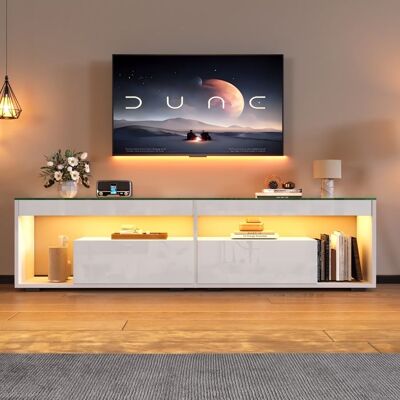 LEMONBEST Meuble TV blanc moderne avec LED 180 x 40 x 46 cm Meuble tv bas brillant avec 2 tiroirs de rangement et étagères en verre trempé Blanc - Publicité LEMONBEST Meuble TV blanc moderne avec LED 180 x 40 x 46 cm Meuble tv bas brillant avec 2 tiroirs de rangement et étagères en verre trempé Blanc - Publicité
