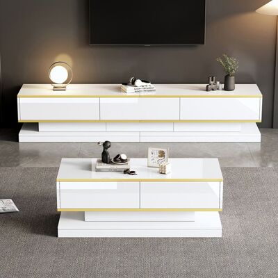 BLACKCOLOR Ensemble moderne blanc+or - meuble TV 3 tiroirs + table basse 2 tiroirs finitions dorées Blanc - Publicité BLACKCOLOR Ensemble moderne blanc+or - meuble TV 3 tiroirs + table basse 2 tiroirs finitions dorées Blanc - Publicité