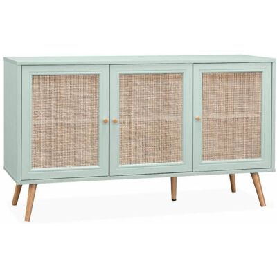 SWEEEK Buffet de rangement en cannage vert céladon 120x39x70cm - Bohème - 2 niveaux. 3 portes. pieds scandinaves Vert - Publicité SWEEEK Buffet de rangement en cannage vert céladon 120x39x70cm - Bohème - 2 niveaux. 3 portes. pieds scandinaves Vert - Publicité