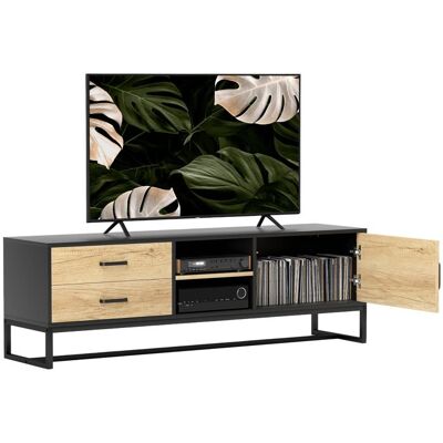 Meuble TV - HOMCOM - pour téléviseurs jusquà 60 pouces - placard compartiments ouverts et 2 tiroirs et bois naturel Beige - Publicité Meuble TV - HOMCOM - pour téléviseurs jusquà 60 pouces - placard compartiments ouverts et 2 tiroirs et bois naturel Beige - Publicité