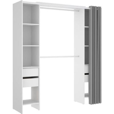 PEGANE Armoire dressing extensible avec rideau + 4 tiroirs coloris blanc - Longueur 100-180 x Hauteur 203 x Profondeur 50 cm Blanc - Publicité PEGANE Armoire dressing extensible avec rideau + 4 tiroirs coloris blanc - Longueur 100-180 x Hauteur 203 x Profondeur 50 cm Blanc - Publicité