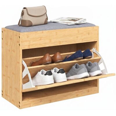 Banc chaussures entrée - HOMCOM - assise rembourrée porte en rotin et étagère réglable - bambou - 63x29x48cm - bois naturel Beige - Publicité Banc chaussures entrée - HOMCOM - assise rembourrée porte en rotin et étagère réglable - bambou - 63x29x48cm - bois naturel Beige - Publicité