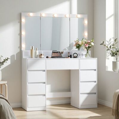 VASAGLE Coiffeuse avec 9 Tiroirs Miroir Triple Pliable Éclairage LED 3 Couleurs Chambre Multiprise Intégrée Blanc Blanc - Publicité VASAGLE Coiffeuse avec 9 Tiroirs Miroir Triple Pliable Éclairage LED 3 Couleurs Chambre Multiprise Intégrée Blanc Blanc - Publicité