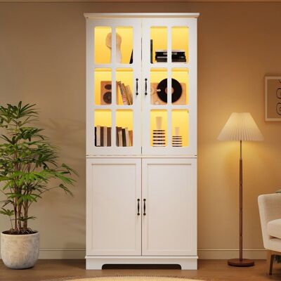 LEYTN Vitrine LED verre 80x38x180cm Buffet haut Meuble de rangement bibliothèque avec 4 portes pour salon cuisine - blanc Blanc - Publicité LEYTN Vitrine LED verre 80x38x180cm Buffet haut Meuble de rangement bibliothèque avec 4 portes pour salon cuisine - blanc Blanc - Publicité