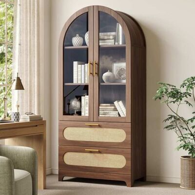 LEYTN Vitrine armoire verre 80x40x175cm Meuble de rangement Buffet haut bibliothèque Style rétro avec 2 portes 2 tiroirs - noyer Marron - Publicité LEYTN Vitrine armoire verre 80x40x175cm Meuble de rangement Buffet haut bibliothèque Style rétro avec 2 portes 2 tiroirs - noyer Marron - Publicité