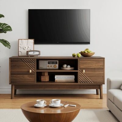 KINBERRY Meuble TV 110x40x48 cm style mid-century portes à lattes poignées métal passe-câbles pieds bois rangement noyer salon chic déco Marron - Publicité KINBERRY Meuble TV 110x40x48 cm style mid-century portes à lattes poignées métal passe-câbles pieds bois rangement noyer salon chic déco Marron - Publicité