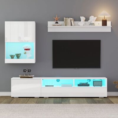 MERAX Ensemble Meuble TV Mural LED - 3 Pièces – Banc TV Vitrine et Étagère Murale - Blanc Brillant Blanc - Publicité MERAX Ensemble Meuble TV Mural LED - 3 Pièces – Banc TV Vitrine et Étagère Murale - Blanc Brillant Blanc - Publicité