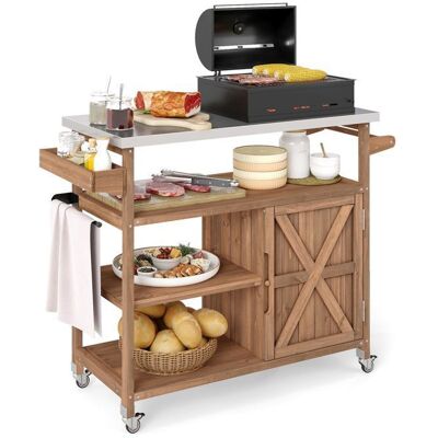 COSTWAY Chariot de Barbecue en Bois avec 3 Plateaux Roulettes Verrouillables Étagère Ouverte et Porte-Serviettes pour Pique-Nique Marron - Publicité COSTWAY Chariot de Barbecue en Bois avec 3 Plateaux Roulettes Verrouillables Étagère Ouverte et Porte-Serviettes pour Pique-Nique Marron - Publicité