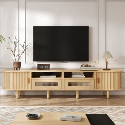 Merax Meuble TV Ovale - avec Portes Coulissantes - 2 Tiroirs - 170 x 40 x 40 cm - Bois Naturel - Banc TV Jaune - Publicité Merax Meuble TV Ovale - avec Portes Coulissantes - 2 Tiroirs - 170 x 40 x 40 cm - Bois Naturel - Banc TV Jaune - Publicité
