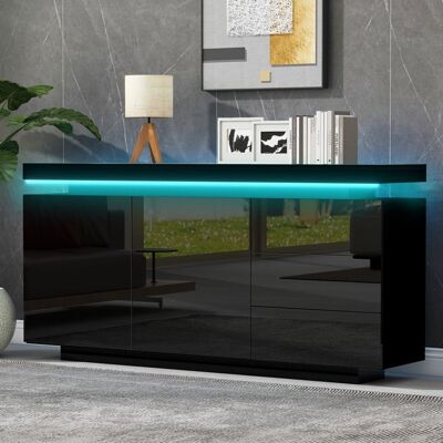 OEM Buffet moderne avec LED - Finition brillante - Lumières LED intégrées - Dimensions 140x35x72.5 cm - 2 portes 3 tiroirs Noir - Publicité OEM Buffet moderne avec LED - Finition brillante - Lumières LED intégrées - Dimensions 140x35x72.5 cm - 2 portes 3 tiroirs Noir - Publicité
