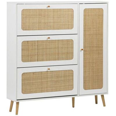 SWEEEK Meuble à chaussure cannage Bohème blanc. 3 abattants. 1 porte. 21 paires. 120 x 24 x 125 cm Blanc - Publicité SWEEEK Meuble à chaussure cannage Bohème blanc. 3 abattants. 1 porte. 21 paires. 120 x 24 x 125 cm Blanc - Publicité